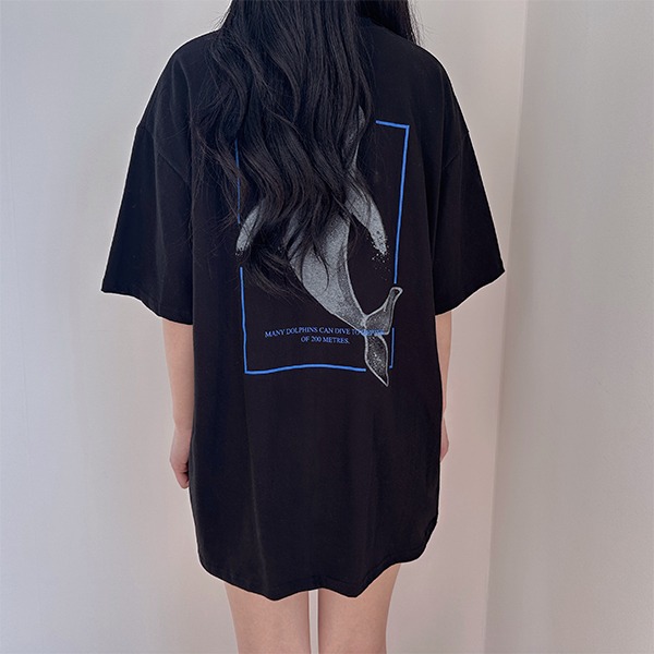 돌고래 백프린팅 오버핏 반소매 티셔츠