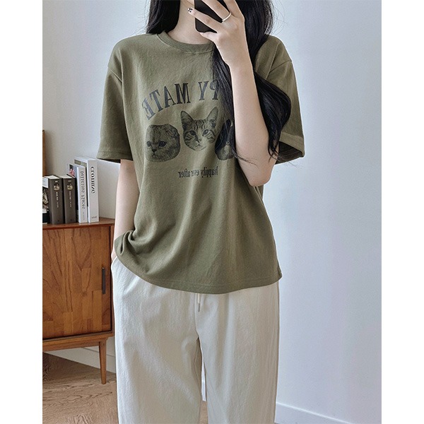 [오트밀 주문폭주] 메이트 캣, 프린팅 박시핏 반소매 티셔츠