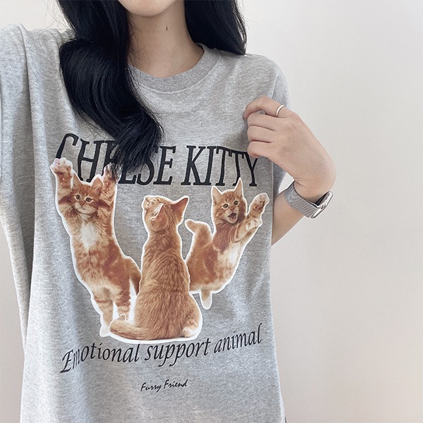 [통통/유니섹스] 집사 심쿵, 고양이 반팔 라운드 티셔츠