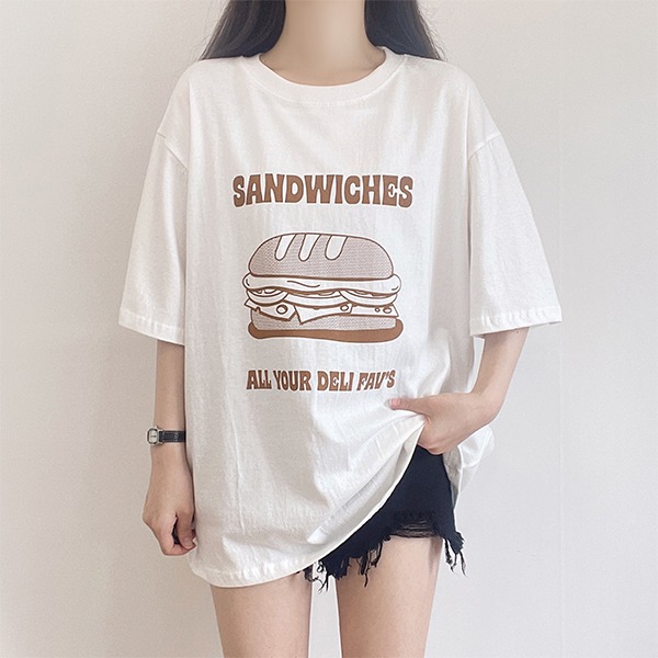 [통통/빅사이즈] 샌드위치 프린팅 오버핏 반소매 티셔츠