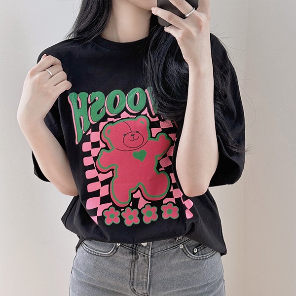 핑크베어 프린팅 박시핏 반소매 티셔츠