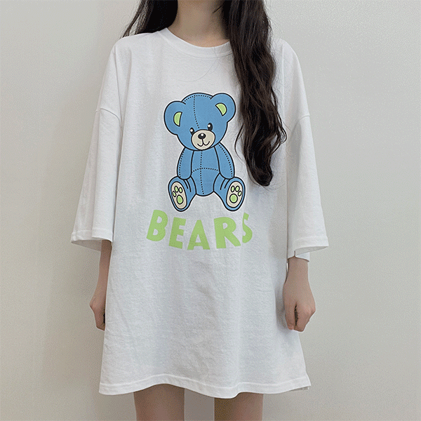 [통통/빅사이즈] 블루베어, 박시핏 곰돌이 프린팅 티셔츠 (원피스 활용 가능)