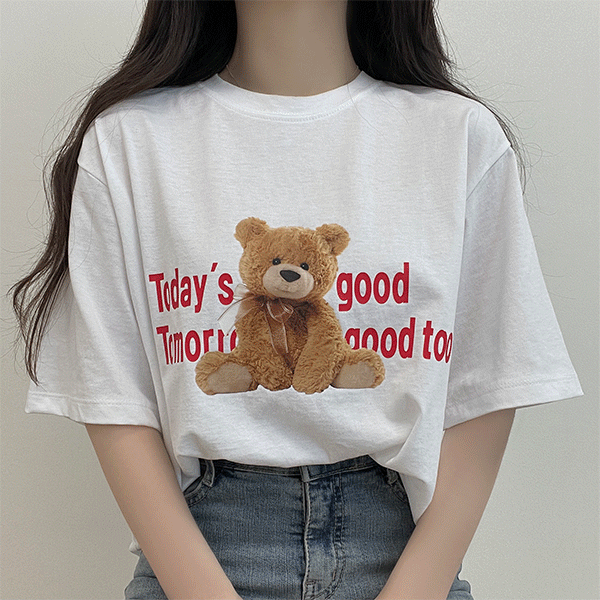 [무료배송] 투데이 앉은곰, 박시 베어 프린팅 반팔 티셔츠