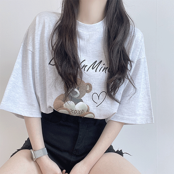 [유니섹스] 내 마음, 하트 곰돌이 프린티 오버핏 반팔 티셔츠