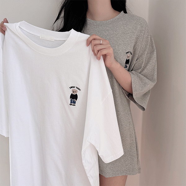 프레즐, 테디베어 자수 박시핏 반소매 티셔츠