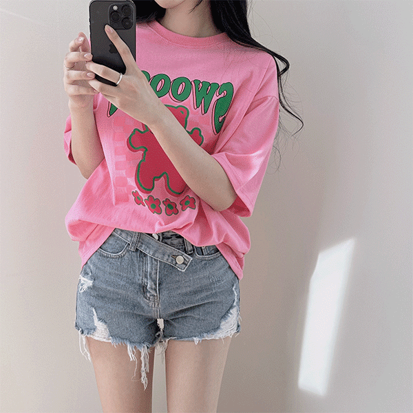 핑크베어 프린팅 박시핏 반소매 티셔츠