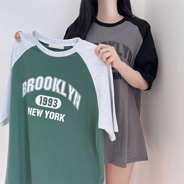 [오버핏] 브루클린 레터링 레글런 반소매 티셔츠
