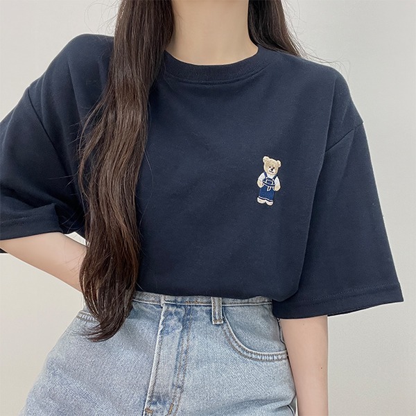 [유니섹스/빅사이즈] 데님베어 오버핏 자수 라운드 반소매 티셔츠