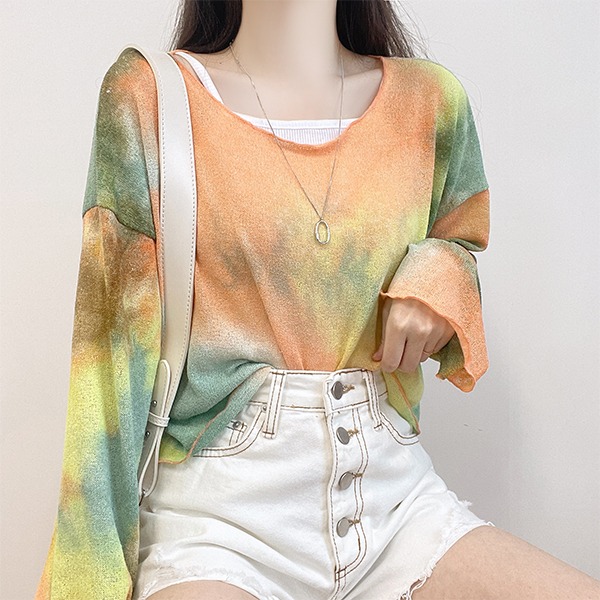 [햇빛차단] 커즌, 시스루 타이다이 물나염 크롭 긴소매 티셔츠