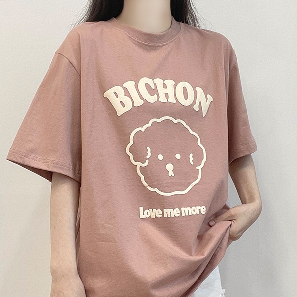 [통통/루즈핏] 비숑 강아지 발포 프린팅 반소매 티셔츠