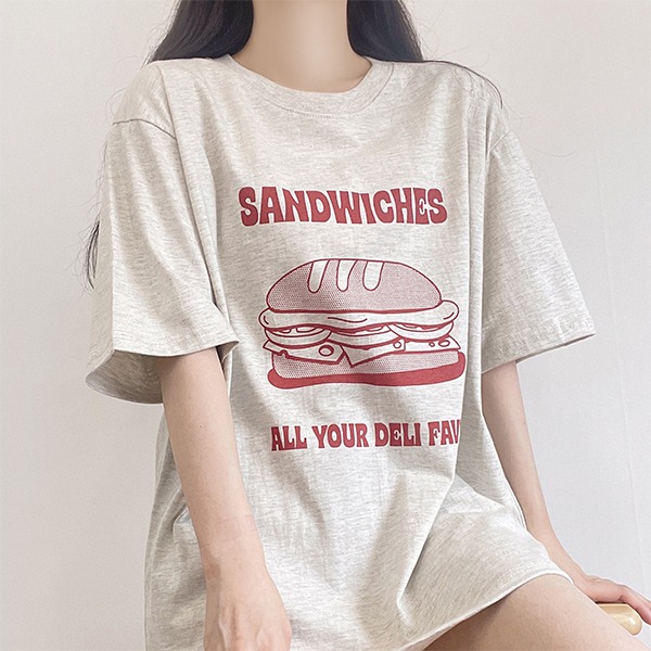 [통통/빅사이즈] 샌드위치 프린팅 오버핏 반소매 티셔츠